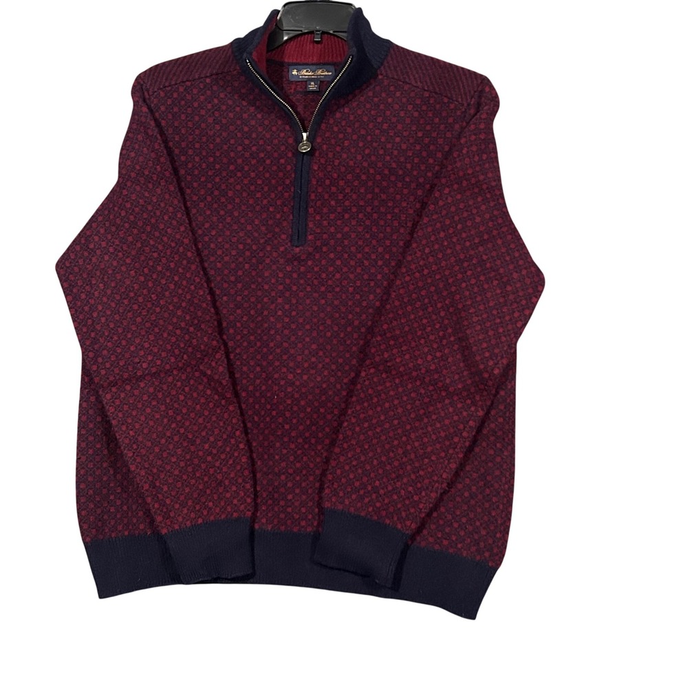 Brooks Brothers Mens XL Quarter Zip Sweater Burgundy Navy Blue Geometric Knit
